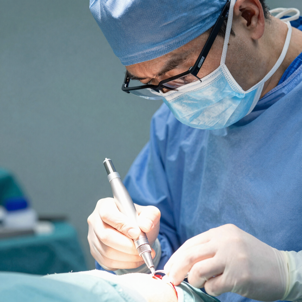 Close-up of a surgeon's hands holding a delicate neurosurgical implant in an operating room.