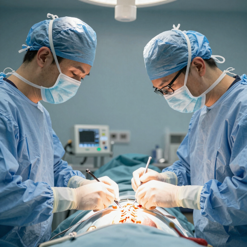 Close-up of a surgeon's hands holding a delicate neurosurgical implant in an operating room.